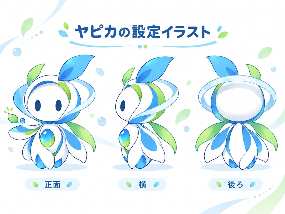 ヤピカの設定イラスト 正面・横・後ろ